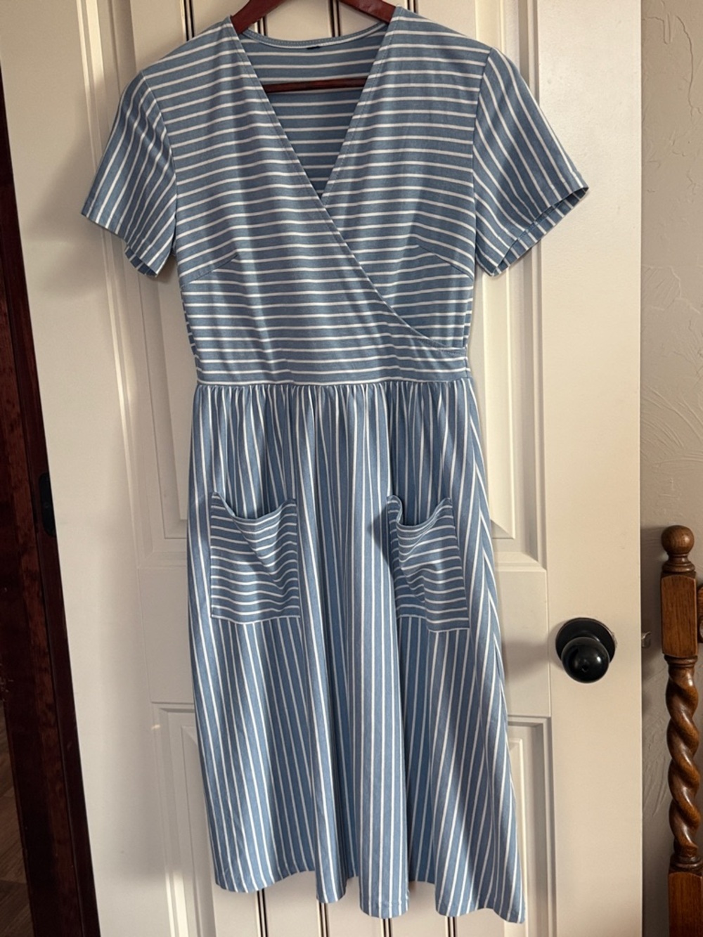 Dusty Blue and White Striped Wrap-Style Ladies Dress Dress.  Feminine and Cute!